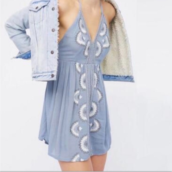Free People Blue Halter Dress with White Embroidery S - Picture 2 of 7